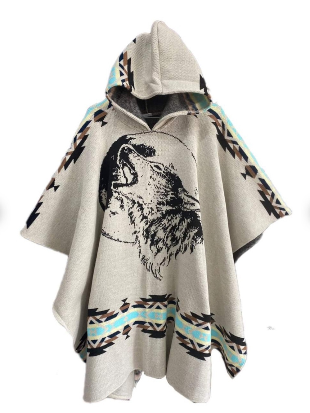 Beautiful Wolf and Moon Hooded Poncho Warm and Cozy Cape Southwestern One Size